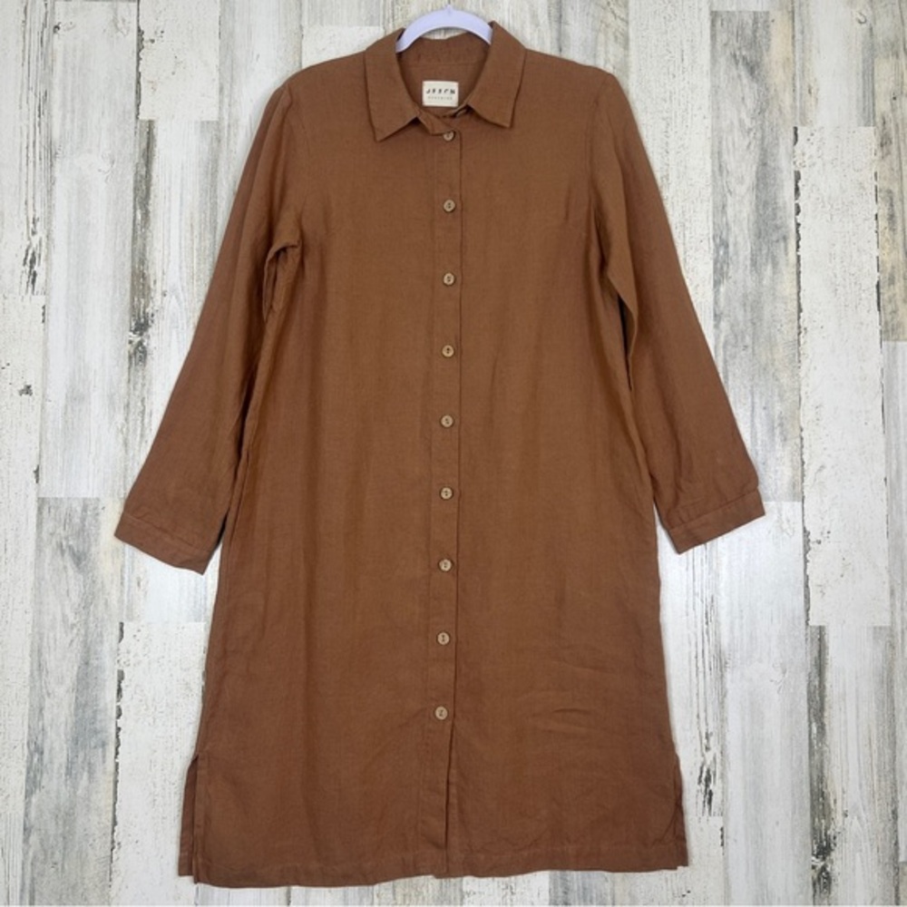 OFFON Clothing Women's 100% Linen Button Front Shirt Dress OS Neutral‎ Tan Brown